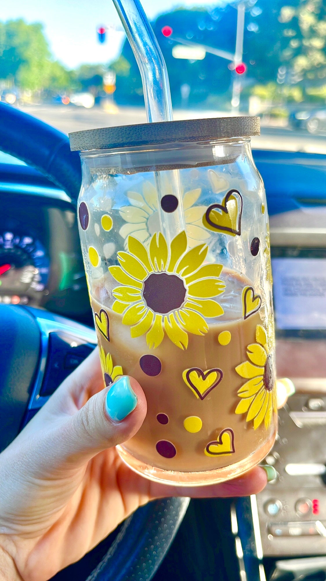 Sunflower Glass Cup with Lid & Straw - Iced Coffee Cup